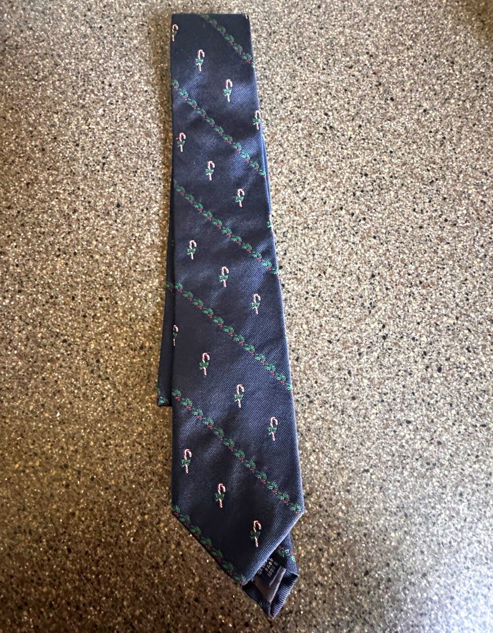 Vintage Lands' End Men's 100% Silk Christmas Candy Cane Tie Navy Hand Sewn